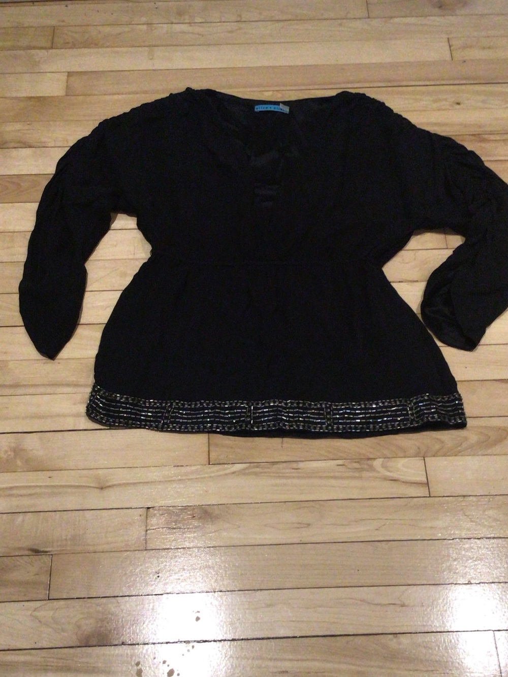 Alice + Olivia Black Silk Top with Beaded Trim and rushed long sleeves
